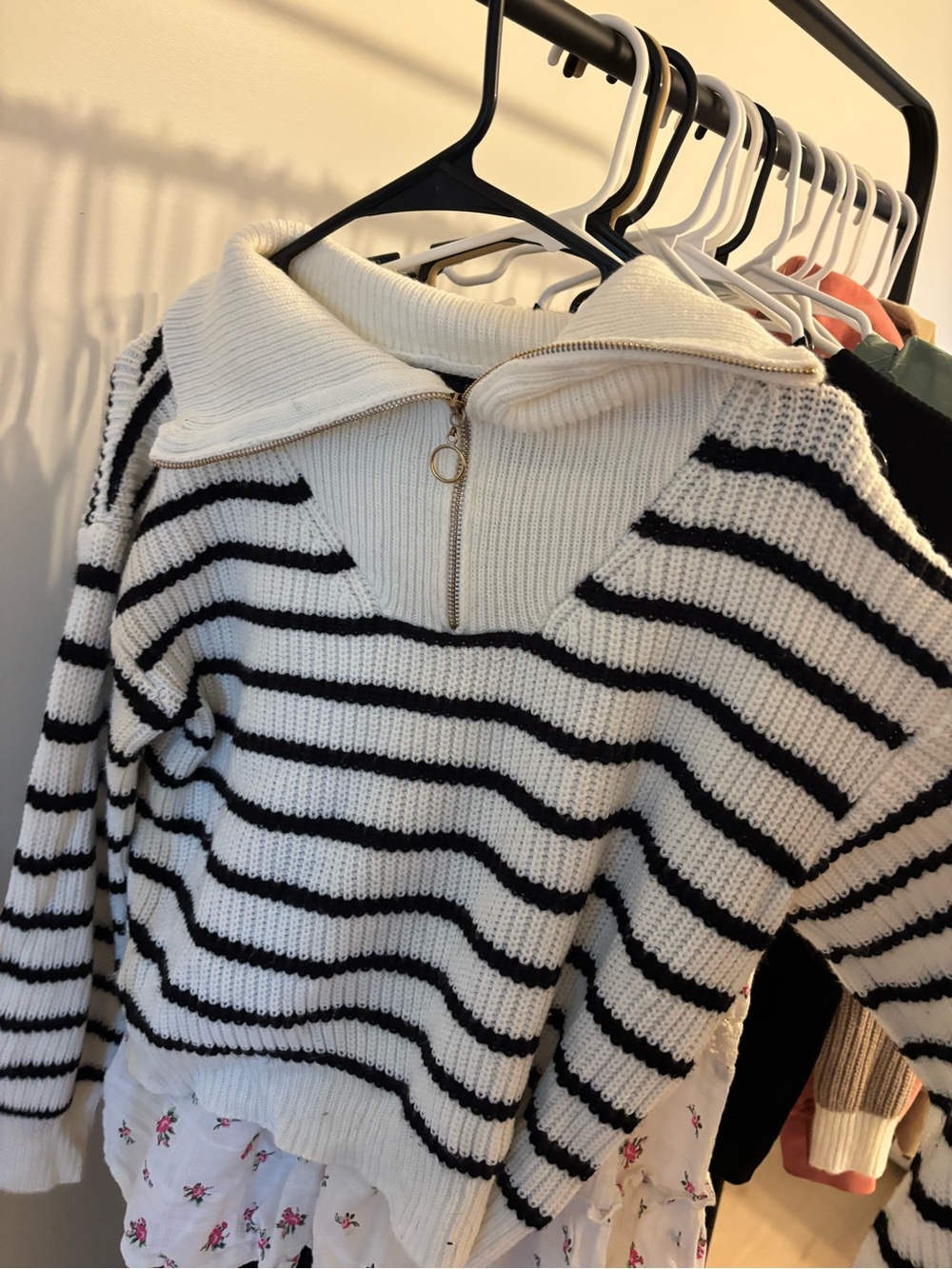 SHEIN Black and White Striped Half-Zip Turtleneck Sweater